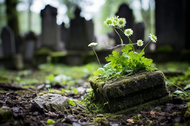 une petite plante verte poussant sur une pierre tombale