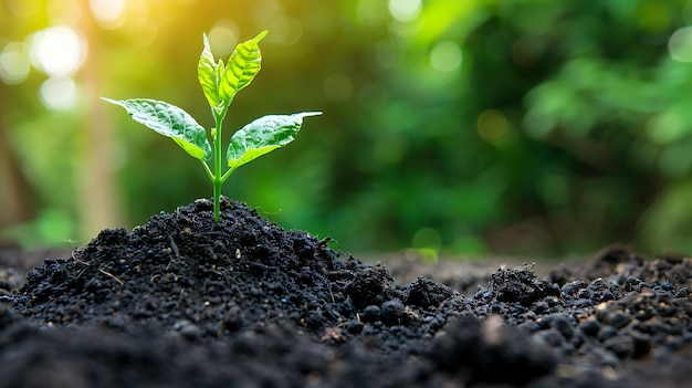 Une petite plante verte poussant d'un tas de terre sombre riche la plante tend sa main vers la lumière le fond est un flou de feuilles vertes