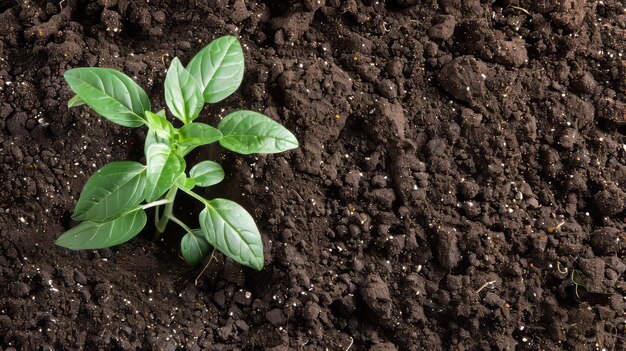 Une petite plante verte pousse dans un sol riche