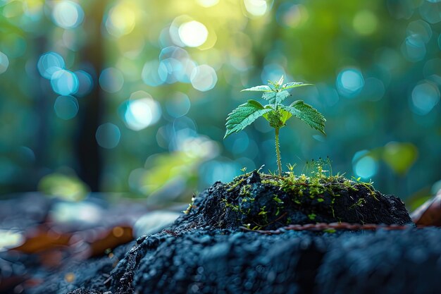 Une petite plante verte qui pousse sur un rocher.