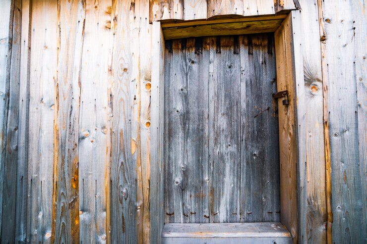 Photo petite porte fermée dans le mur en bois d'une vieille maison