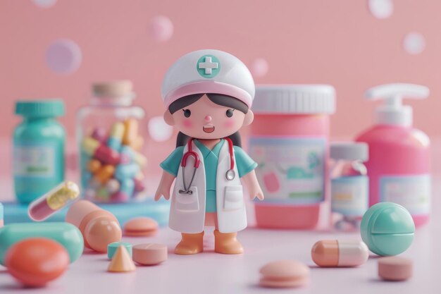 Petite poupée de docteur avec des pilules sur fond rose Concept médical