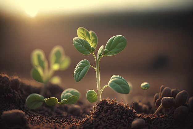 Petite pousse de soja douce dans un champ agricole La plante s'étend vers le soleil levant