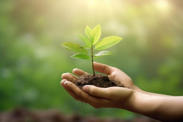 Petite pousse verte d'un arbre sur les mains féminines Le concept de l'agriculture biologique AI générative