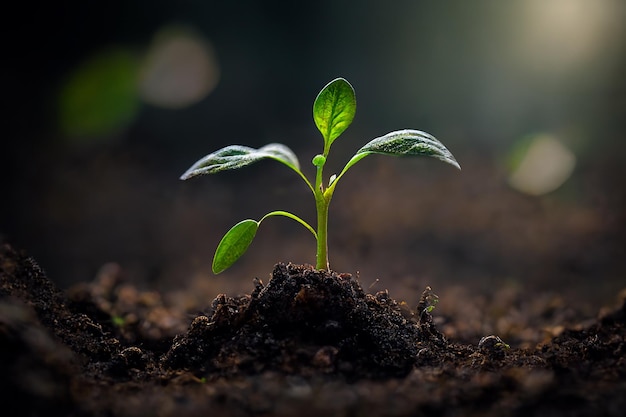 Une petite pousse verte a germé du sol sur un arrière-plan sombre et flou