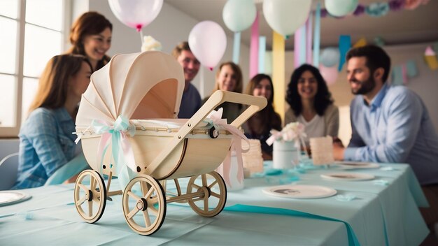 Photo petite poussette en bois pour bébé à une fête de bébé.