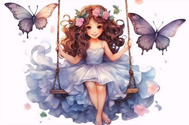 La petite princesse mignonne se balance avec des papillons Aquarelle générative AI
