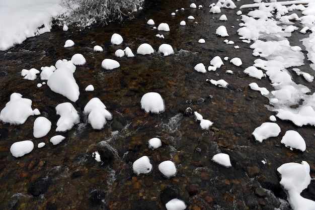 Petite rivière avec des arbres et des rochers blancs couverts de neige