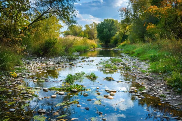 Une petite rivière qui coule à travers une forêt verdoyante