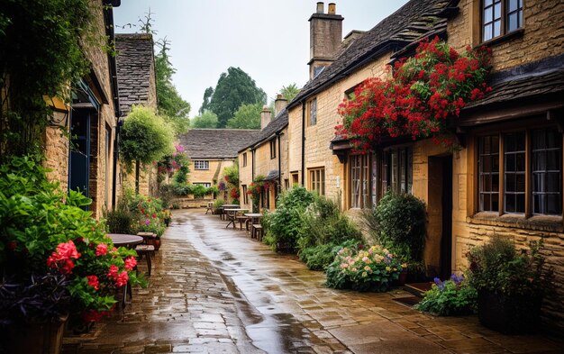 Photo une petite rue avec une rangée de maisons avec des fleurs sur les fenêtres