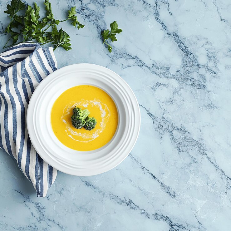 Photo une petite serviette de cuisine rayée et une soupe de brocoli jaune dans une assiette large blanche.