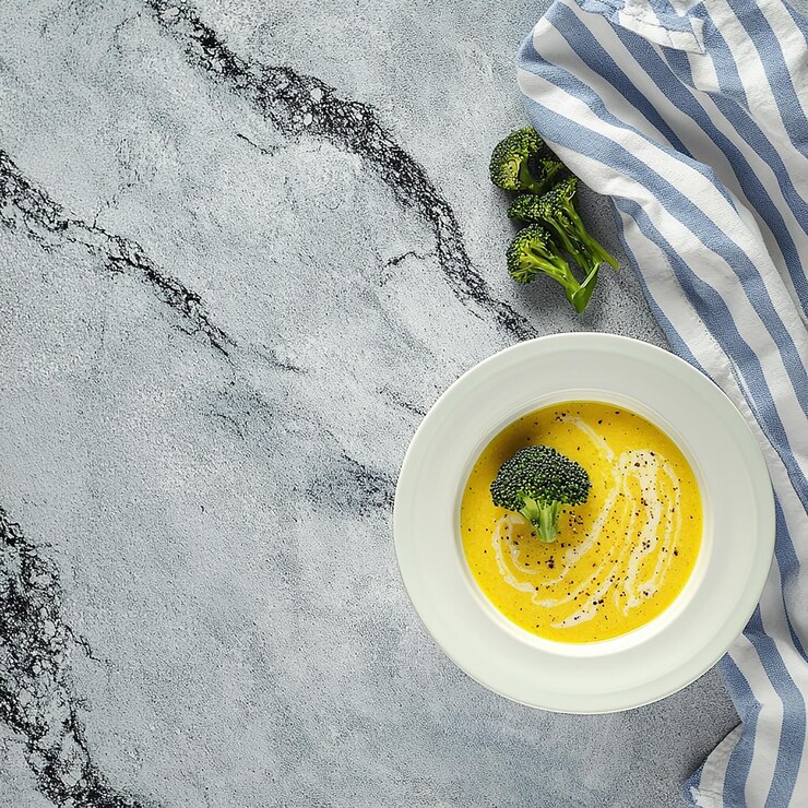 Photo une petite serviette de cuisine rayée et une soupe de brocoli jaune dans une assiette large blanche.