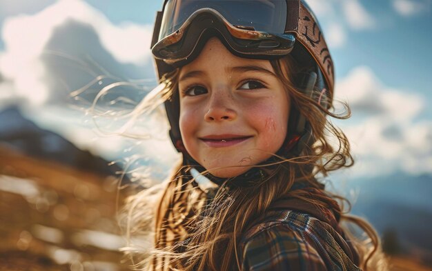 petite skieuse avec des lunettes de ski et un casque de ski sur la montagne enneigée