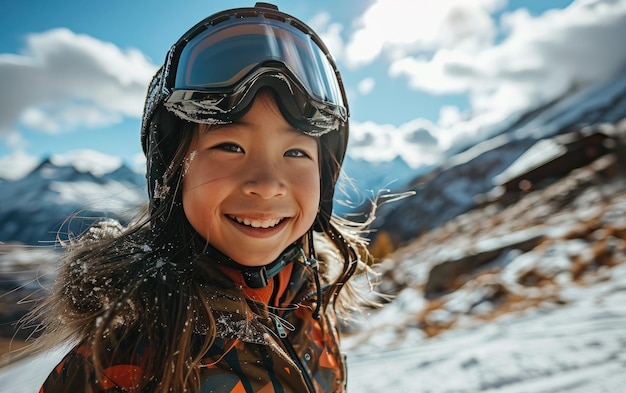 petite skieuse avec des lunettes de ski et un casque de ski sur la montagne enneigée