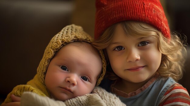 La petite sœur avec son petit frère à la maison Photographie de couleurs vives