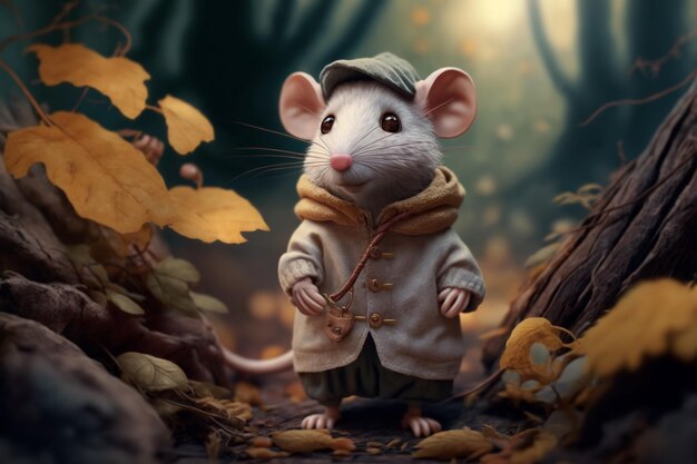 petite souris blanche de dessin animé dans des vêtements IA générative