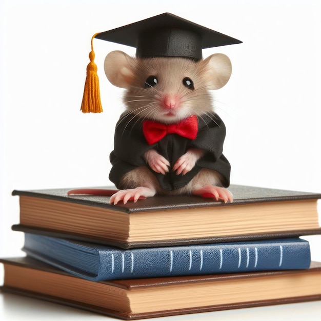 Petite souris dans une casquette de graduation assis sur des livres isolés sur un fond blanc