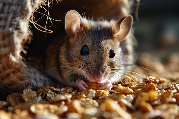 Photo une petite souris mange des céréales alors qu'elle est assise dans un sac de lin gris rongé.