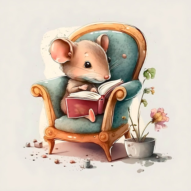 Petite souris mignonne et attachante assise dans un fauteuil cosy lisant un livre d'aventure Cartes d'invitation