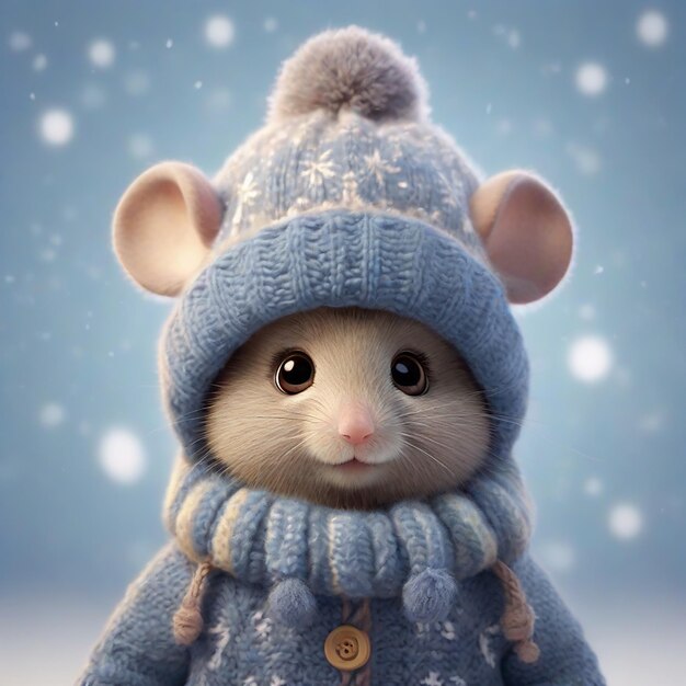 Une petite souris mignonne portant un chapeau d'hiver éclaté, d'énormes yeux ronds, des flocons de neige dans le style des dessins animés.