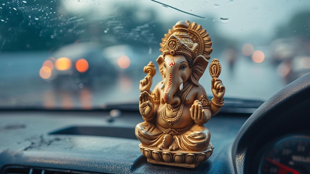 Petite statue du dieu hindou Ganesh sur le tableau de bord