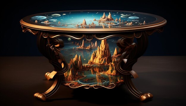 Une petite table basse dans une pièce d'un noble d'un univers de fantaisie médiévale et tous ca dans un s