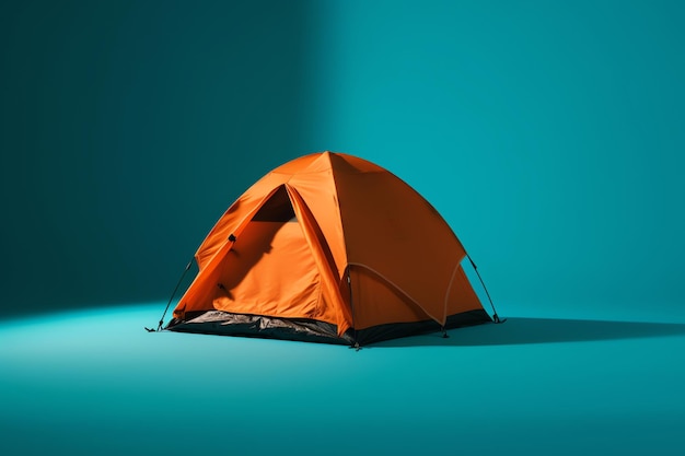 Une petite tente orange est dressée sur fond bleu.