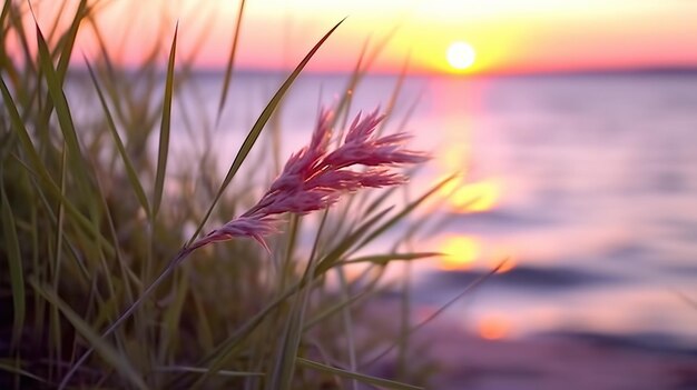 Petite tige d'herbe rapprochée avec le coucher de soleil sur la mer calme le soleil se couche sur l'horizon IA générative