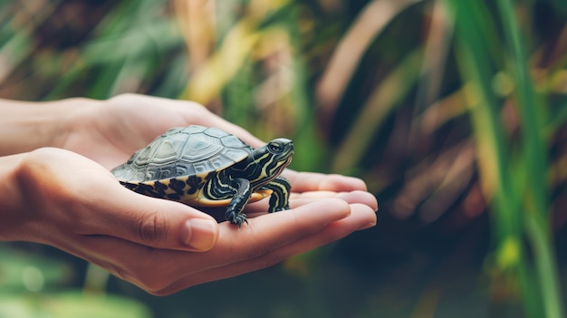 Une petite tortue est perchée sur une main humaine contre un fond végétal vert flou