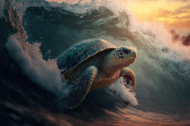 Une petite tortue flottant sur la crête d'une vague Faune animaux exotiques animaux de compagnie éclairage naturel belle vue art haute résolution intelligence artificielle générative