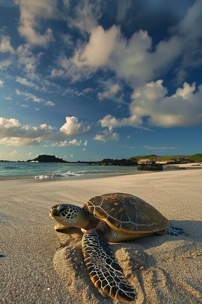 Photo petite tortue sur la plage de sable au bord de l'océan