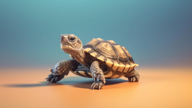 Une petite tortue sur une table avec un fond bleu.