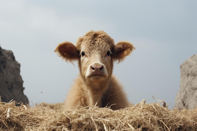 une petite vache brune posée dans un tas de foin