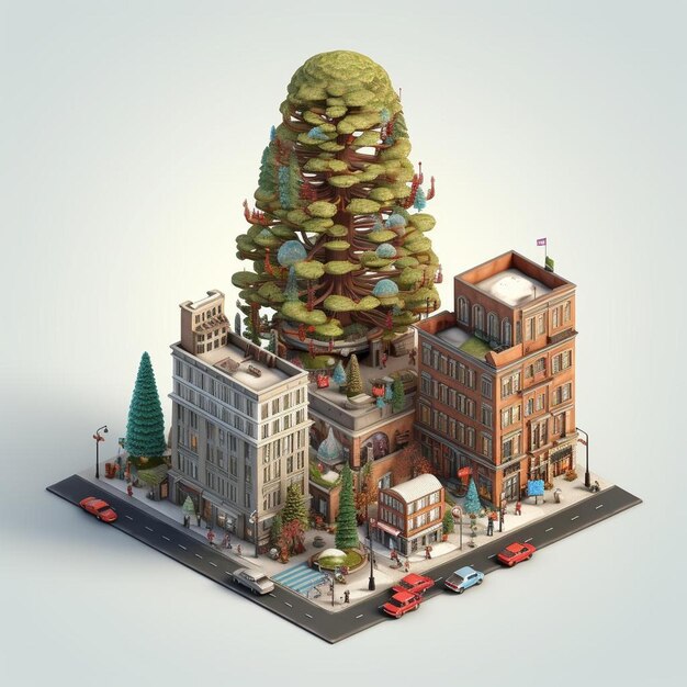 Photo une petite ville avec un arbre au sommet