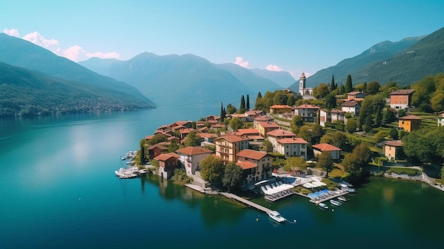 une petite ville au bord du lac avec un bateau sur l'eau