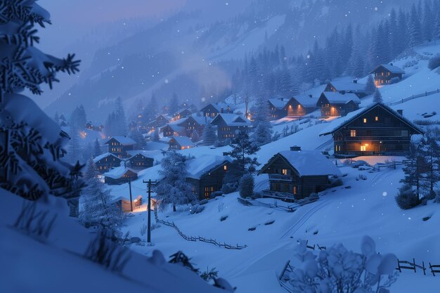 Photo une petite ville dans les montagnes est éclairée la nuit.