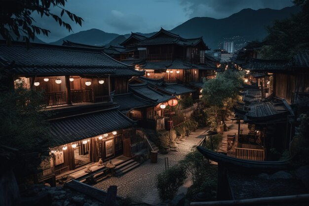 Une petite ville dans les montagnes la nuit