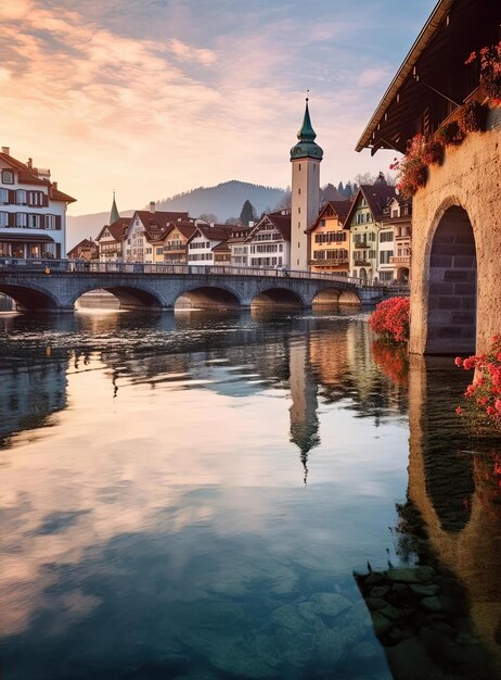 une petite ville avec des maisons dans le style suisse