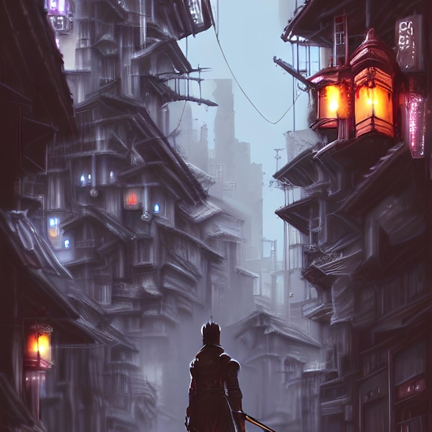 Petite ville scifi, un village cyberpunk avec une sillhouette regardant les rues