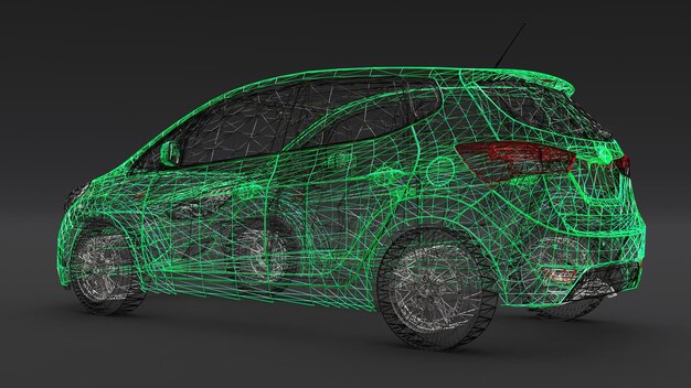 Petite voiture familiale, conception en maille. rendu 3D.