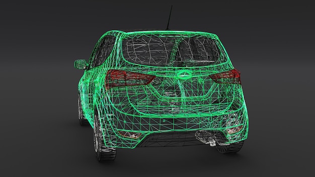 Petite voiture familiale, design en maille. rendu 3D.