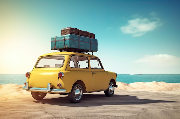 Petite voiture rétro avec bagages et bagages sur le toit prêt pour un road trip vacances d'été