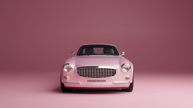 Petite voiture rétro rose sur fond rose illustration d'art conceptuel moderne 3d