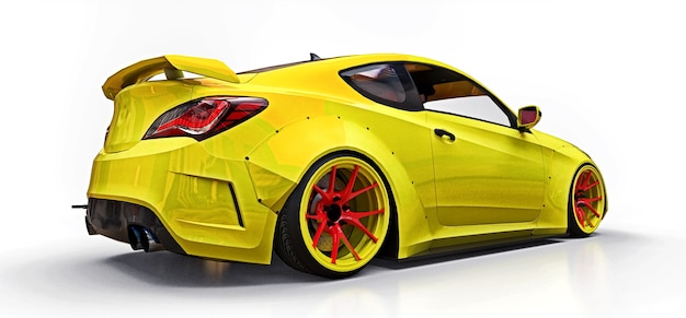 Petite voiture de sport jaune coupé. Réglage de course avancé avec des pièces spéciales et des extensions de roues. rendu 3D.