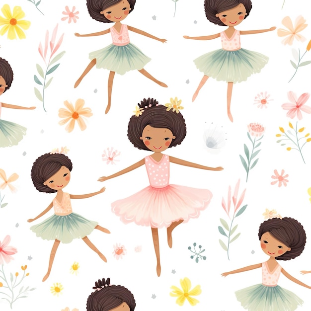 Des petites ballerines mignonnes dans des robes roses et des fleurs sur fond blanc