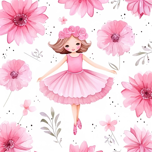 Des petites ballerines mignonnes dans des robes roses et des fleurs sur fond blanc