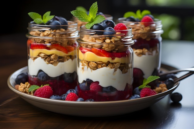 Petites bouteilles avec des desserts frais et fruités avec des couches de granola de yogourt et de baies