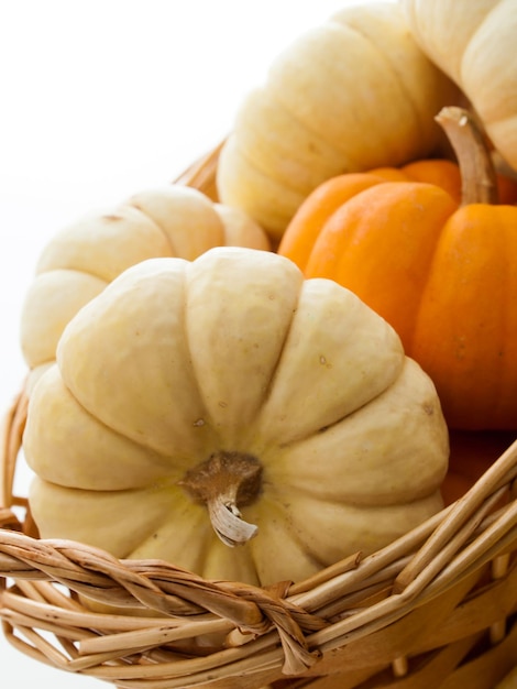 Petites citrouilles oranges et blanches dans le panier sur fond blanc.