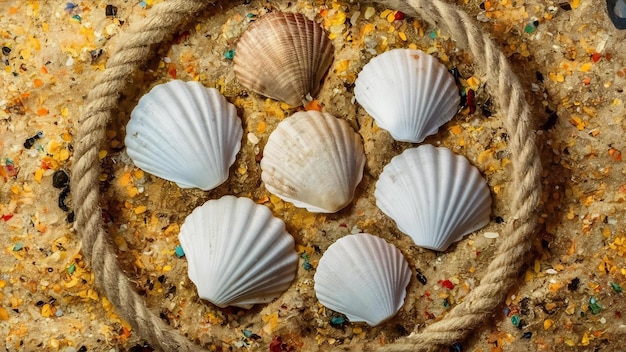 Petites coquillages avec une corde nautique sur le sable