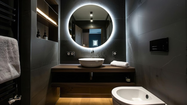 Petites étagères flottantes modernes pour la salle de bain miroir rétroéclairé noir et blanc espace optimisé